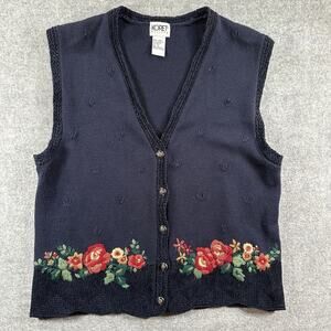 Koret Petites Navy Floral Embroidered Button Front Wool Blend Sweater Vest S
